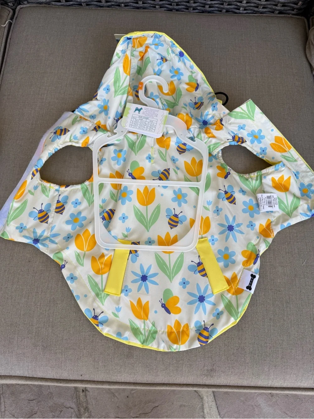 Wood, Reversible, Yellow, Pet Raincoat with Floral Trim, Size Medium